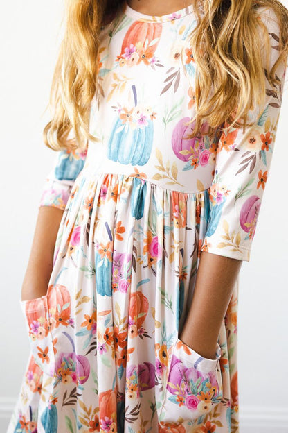 Girls Harvest Blooms 3/4 Sleeve Pocket Twirl Dress  by Mila & Rose