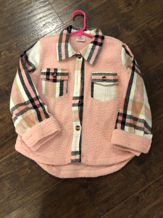 Girls Pink Fuzzy Coat with Plaid Accents