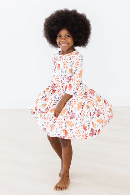 Girls Falling Leaves 3/4 Sleeve Pocket Twirl Dress by Mila & Rose