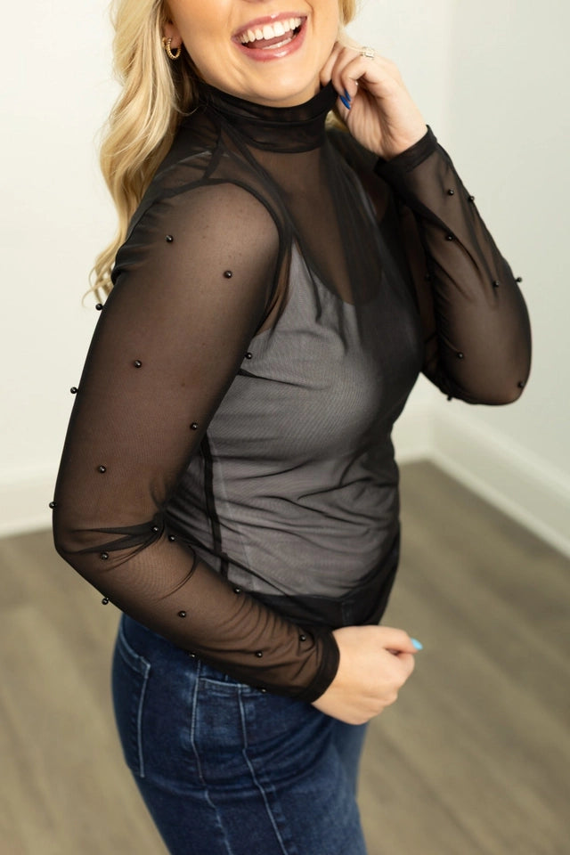 Ladies Mock Neck Mesh Top with Pearl Detail-Black
