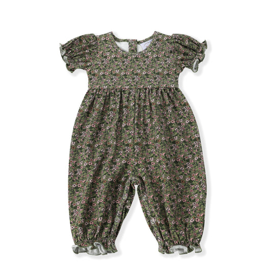 Girls Green Floral Puff Sleeve Romper by Swoon Baby