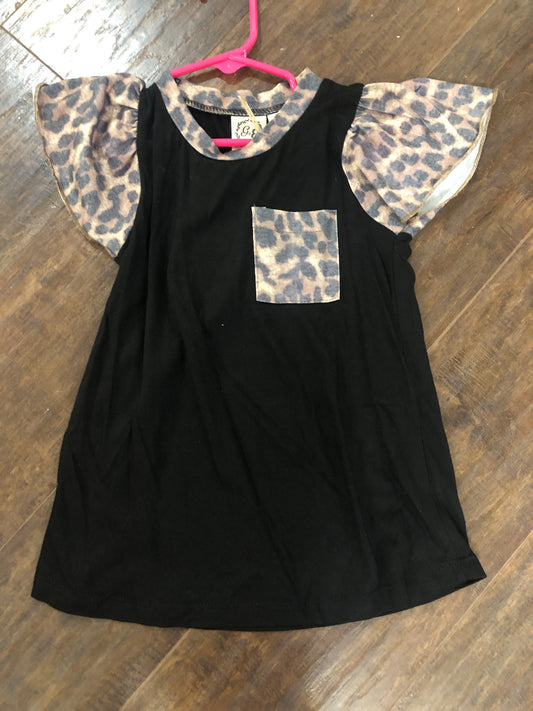 Girls Black Top w/Animal Print Flutter Sleeve by Grace & Emma
