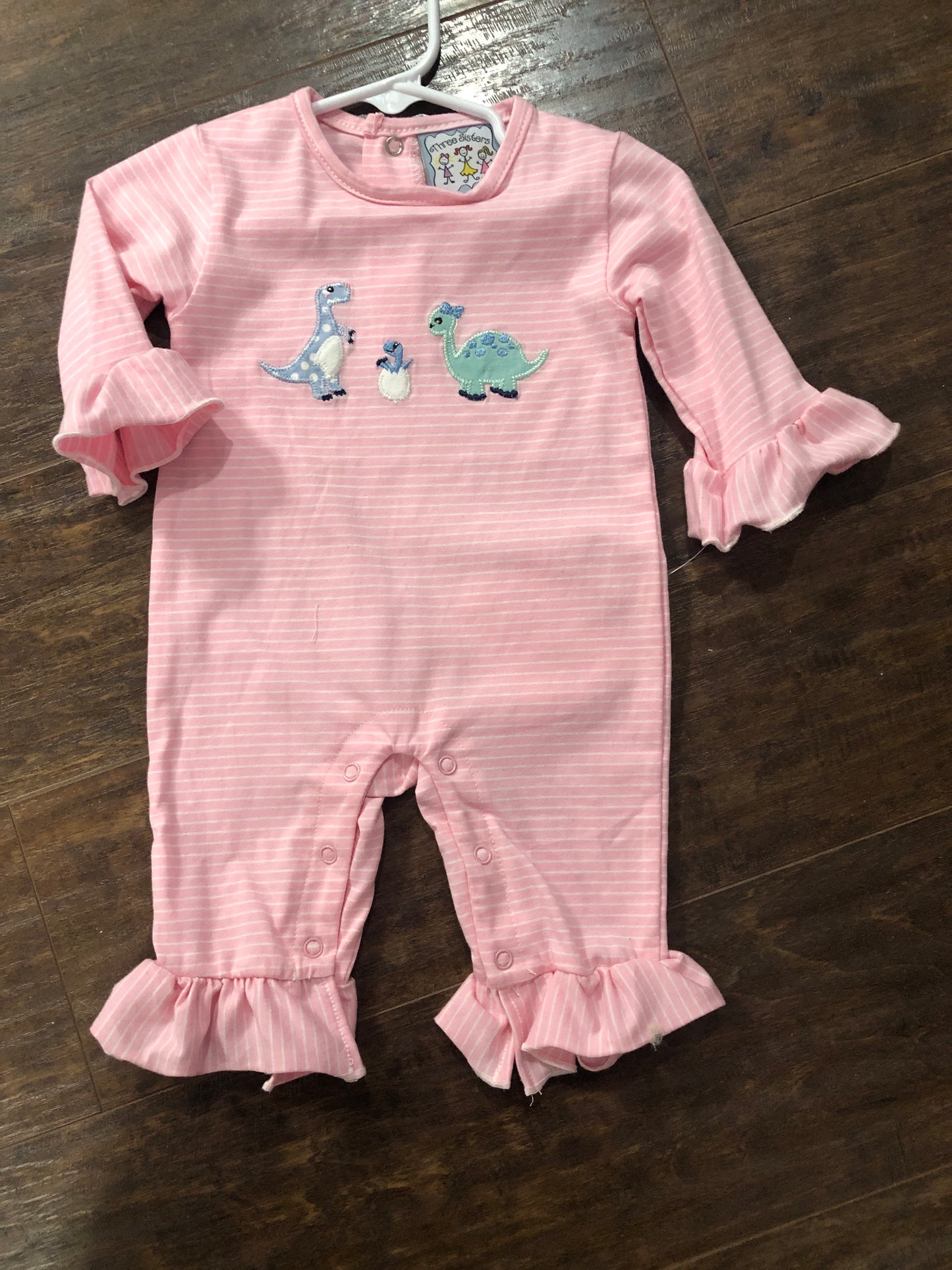 Girls Dinosaur Applique on Pink Stripe Romper by Three Sisters