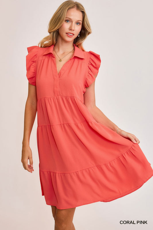 Ladies Ruffle Sleeve Tiered Dress by Umgee - Coral Pink