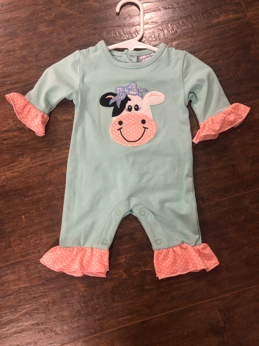 Girls Cow on Sage Romper by Three Sisters