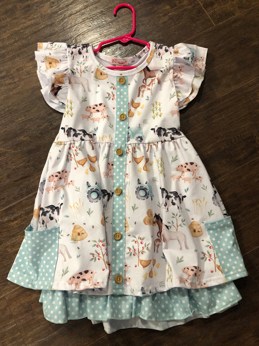 Girls Farm Animal Dress w/Faux Button Front by Clover Cottage