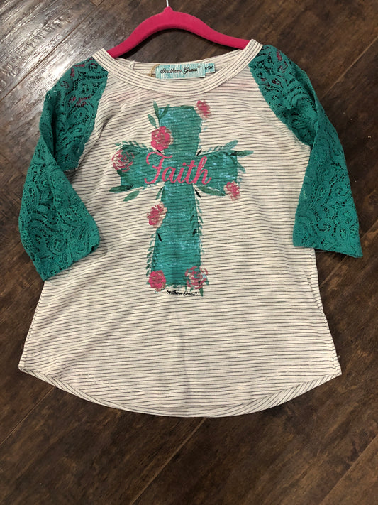 Girls Faith on Cross Top w/Lace Sleeves by Grace & Emma