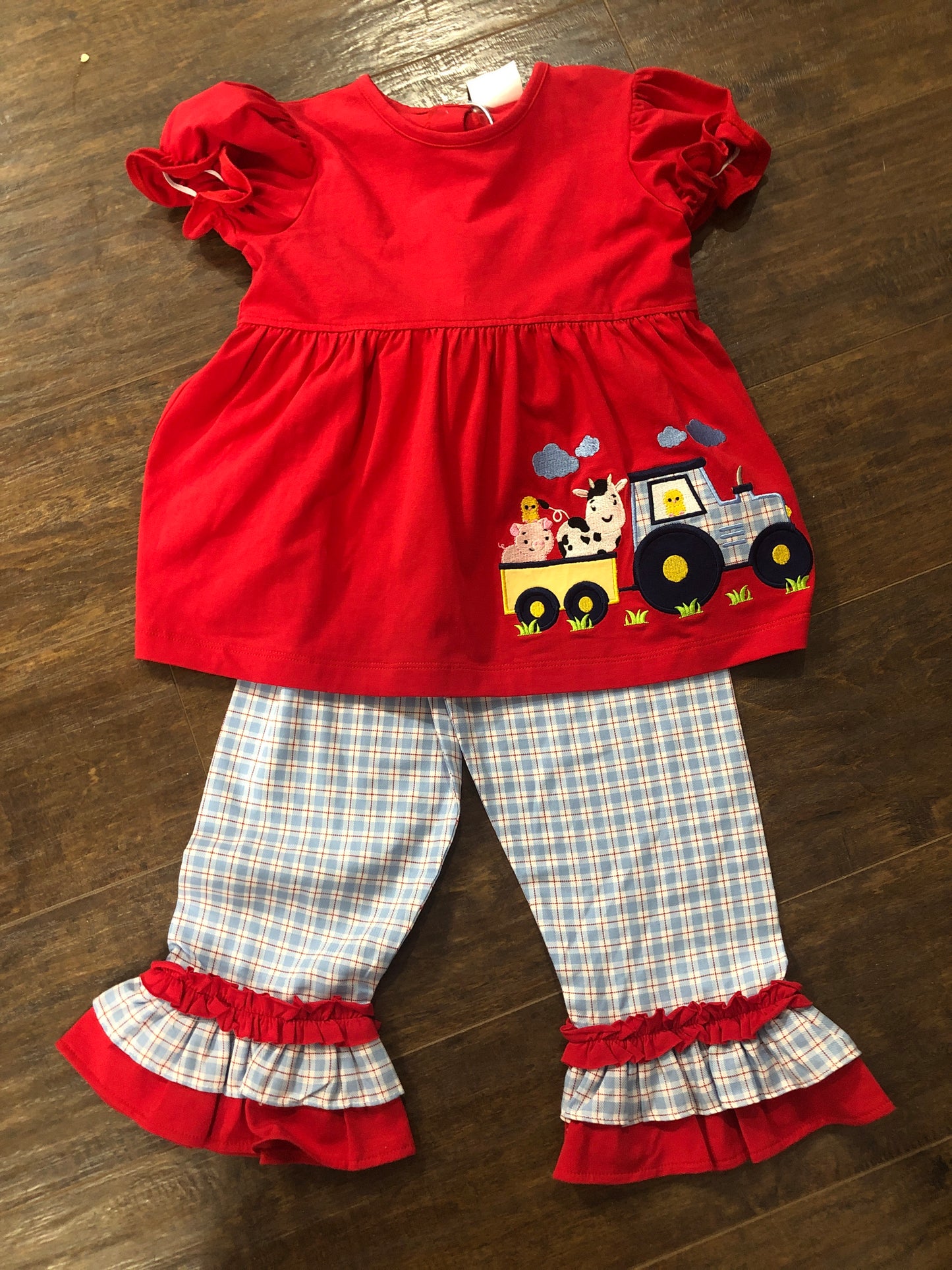 Girls Red Dress with Blue Plaid Double Ruffle Pants by Three Sisters
