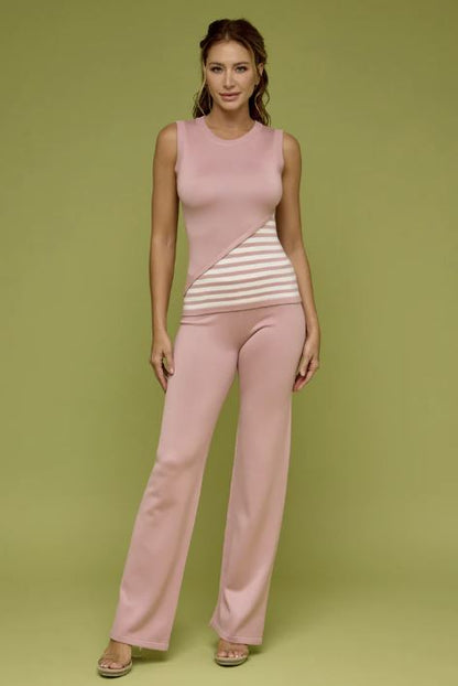 Ladies Contrast Stripe Knit Set by RIVIR - Blush Pink