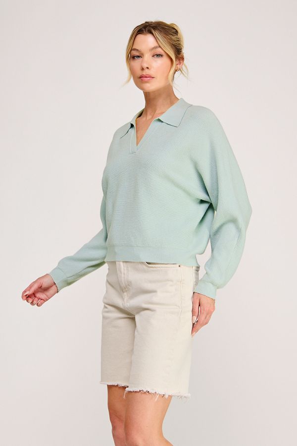 Ladies Soft Fine Gauge Ribbed Dolman Long Sleeve Polo Pullover Sweater-Cool Saige