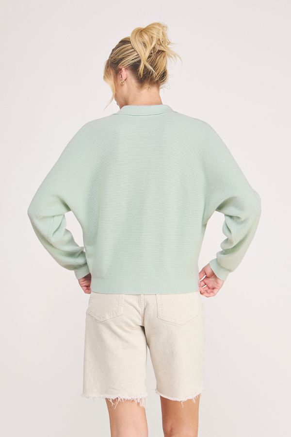 Ladies Soft Fine Gauge Ribbed Dolman Long Sleeve Polo Pullover Sweater-Cool Saige