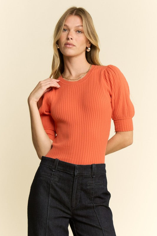 Ladies Half Sleeve Ribbed Crew Neck Bodysuit-Pumpkin