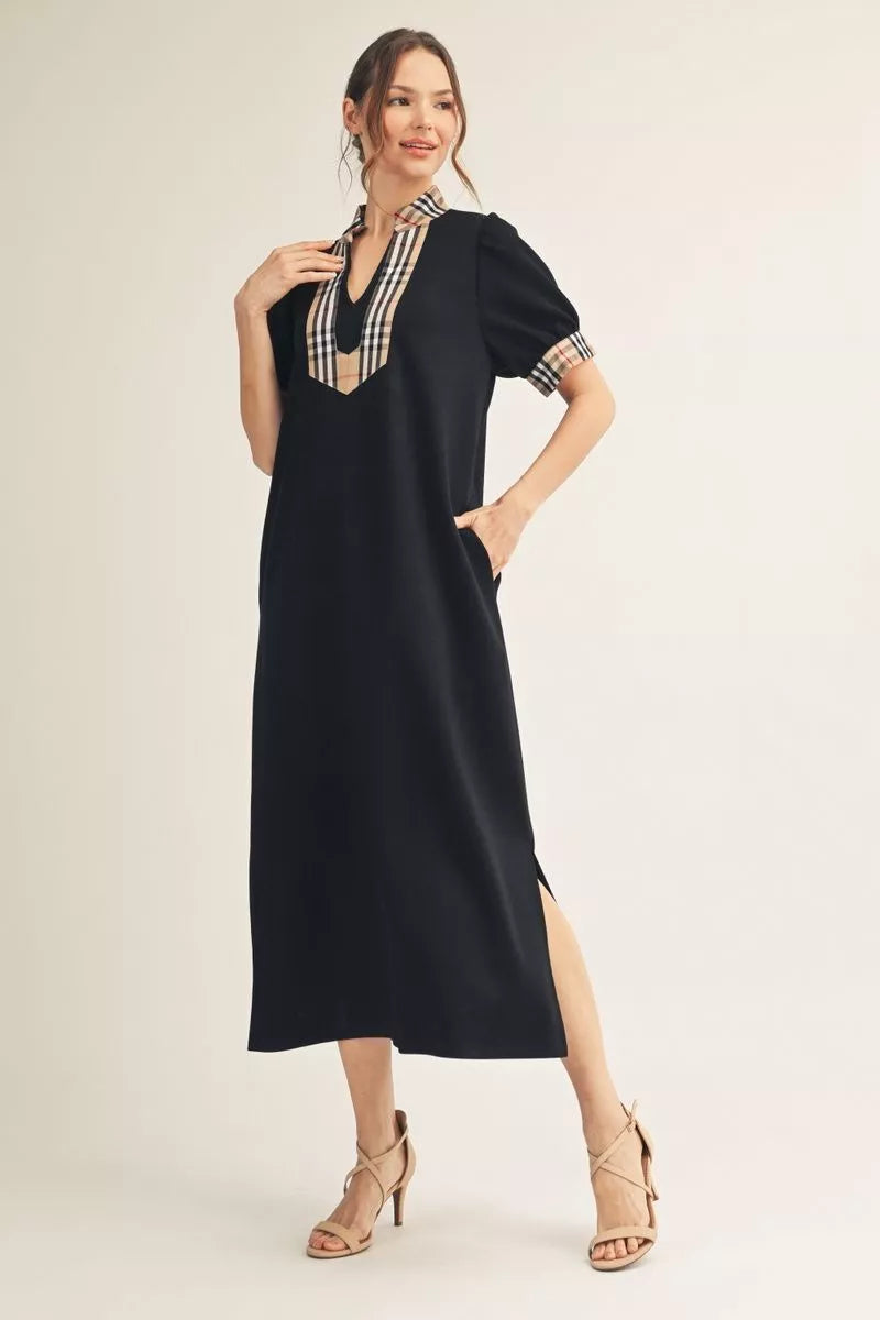 Ladies Short Sleeve Midi Dress With Classic Plaid Contrast by JODIFL - Black