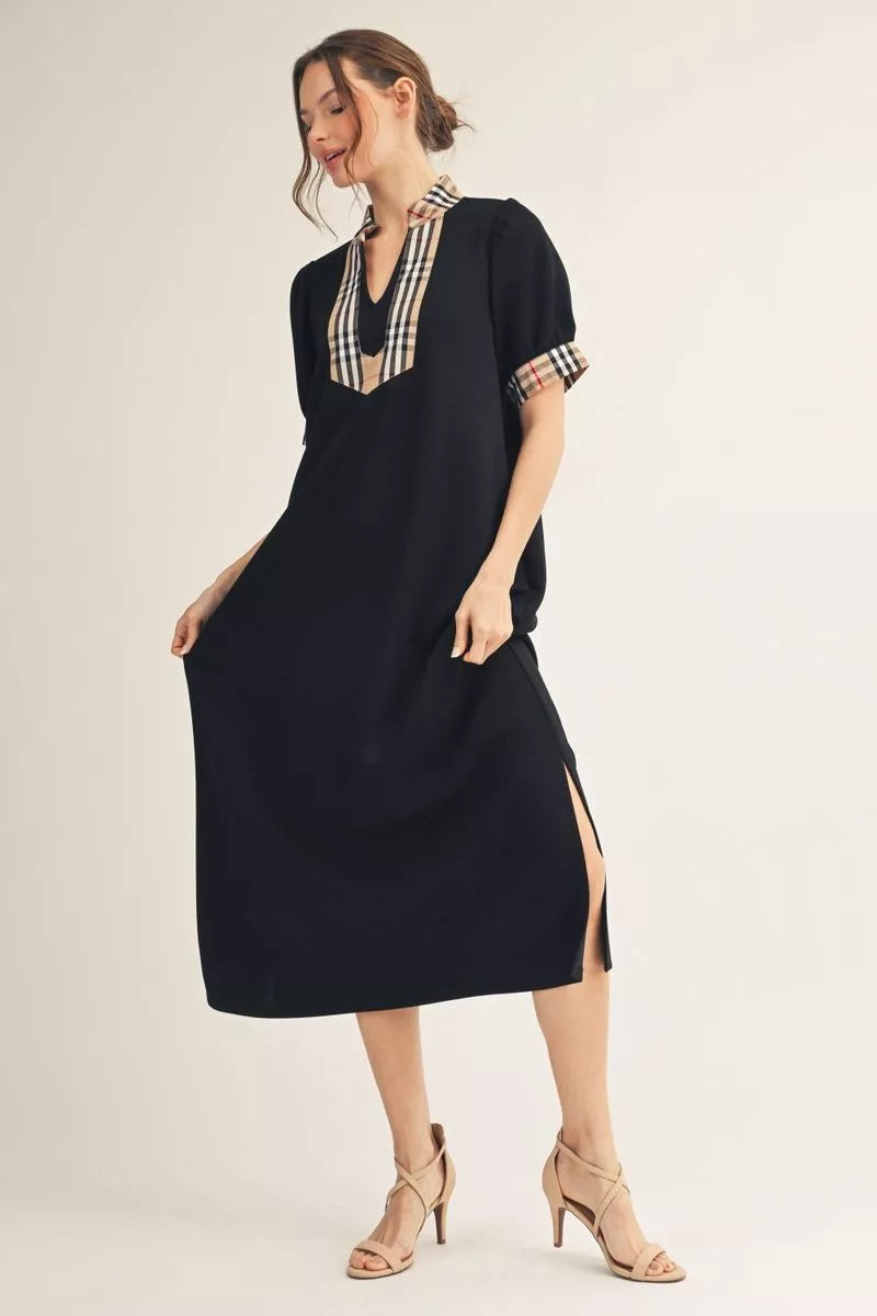 Ladies Short Sleeve Midi Dress With Classic Plaid Contrast by JODIFL - Black