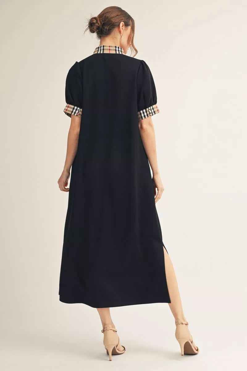 Ladies Short Sleeve Midi Dress With Classic Plaid Contrast by JODIFL - Black