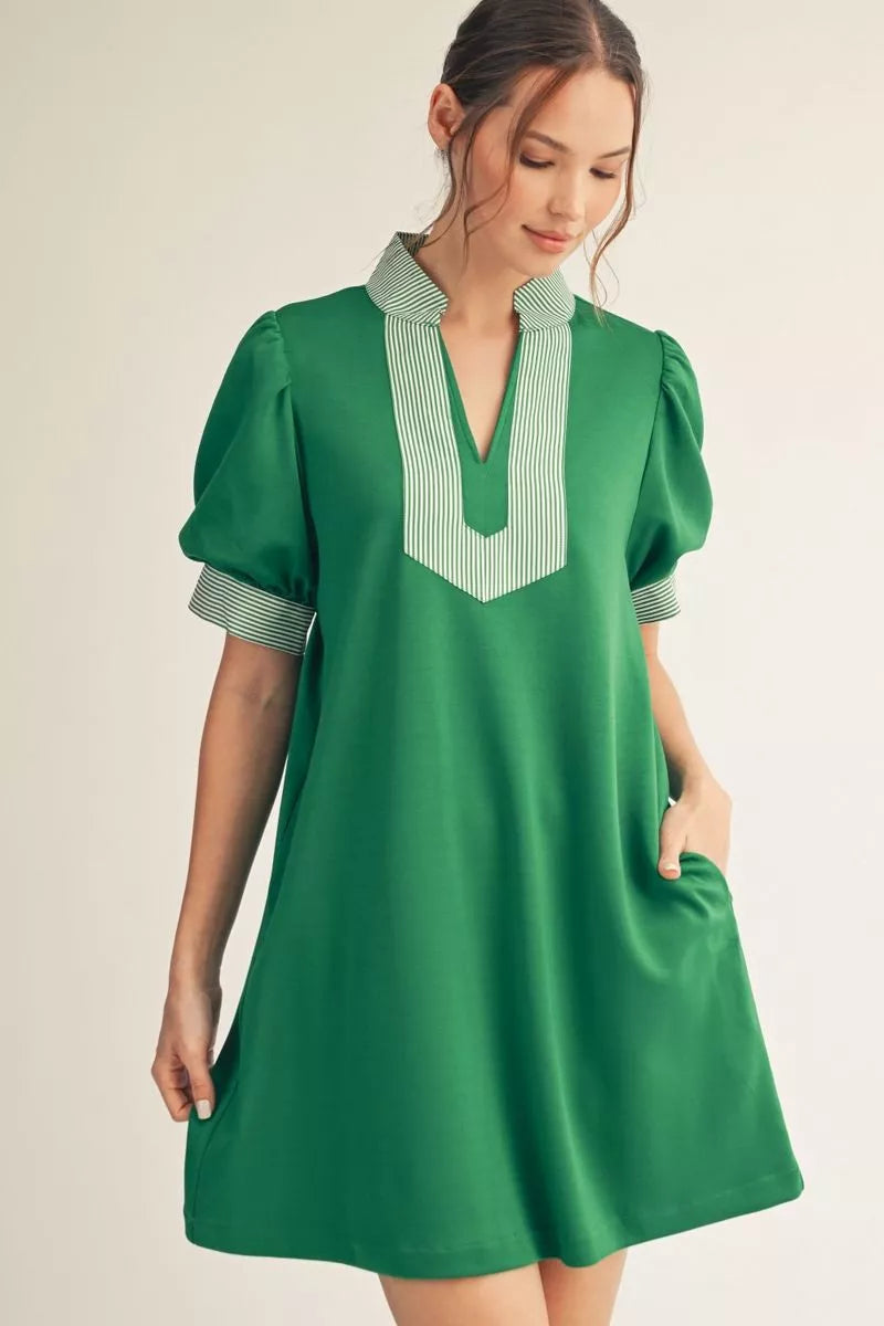 Ladies Short Puff Sleeve Shift Dress by JODIFL - Kelly Green