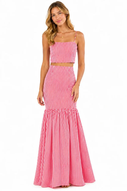 Ladies Belle Cher Red and White Striped Maxi Skirt Set