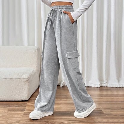 Ladies High Waist Drawstring Wide Leg Cargo Lounge Pants-Grey