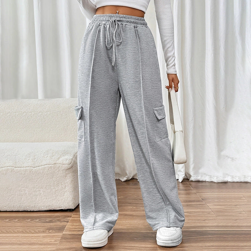 Ladies High Waist Drawstring Wide Leg Cargo Lounge Pants-Grey
