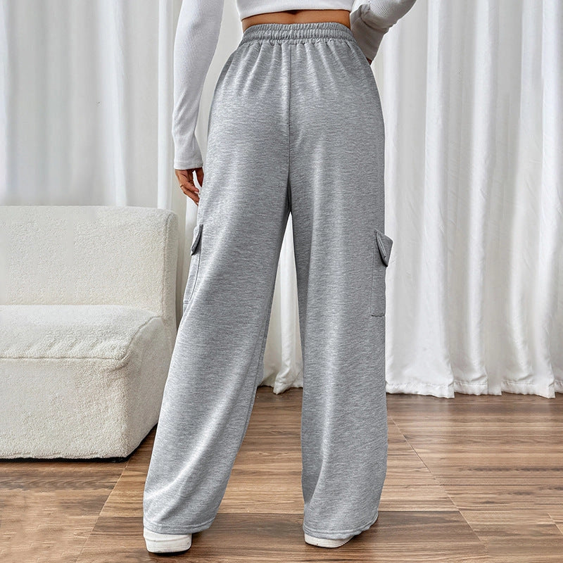 Ladies High Waist Drawstring Wide Leg Cargo Lounge Pants-Grey