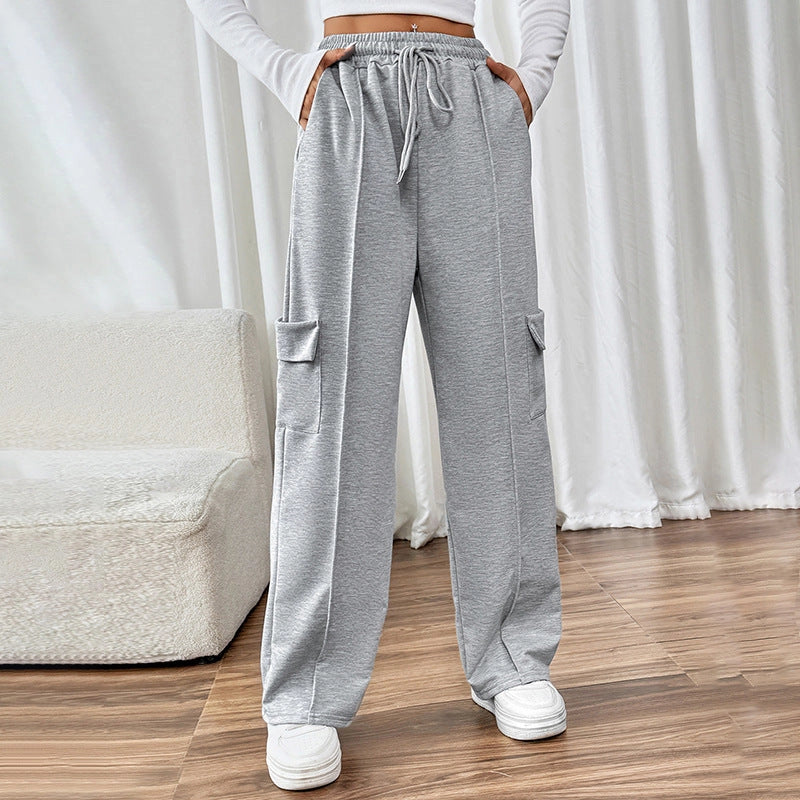 Ladies High Waist Drawstring Wide Leg Cargo Lounge Pants-Grey