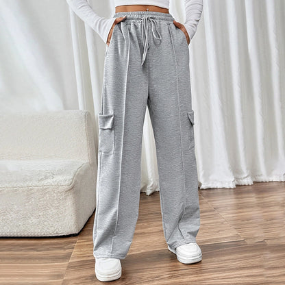 Ladies High Waist Drawstring Wide Leg Cargo Lounge Pants