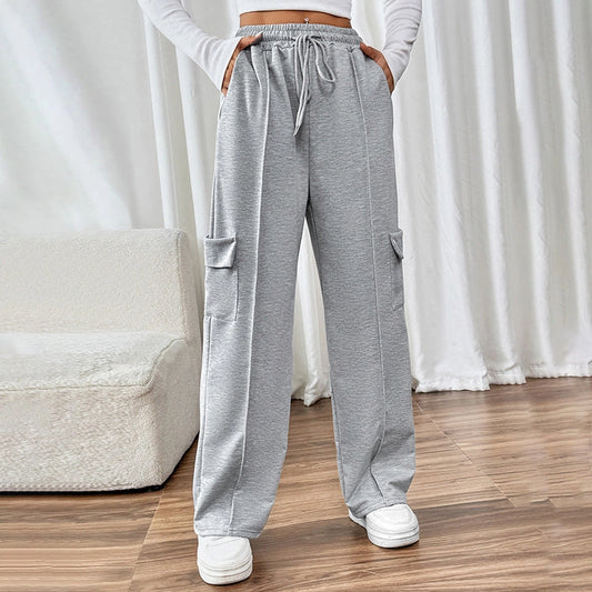 Ladies High Waist Drawstring Wide Leg Cargo Lounge Pants