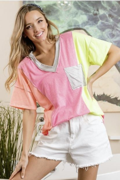 Ladies Bibi Tri-Blend V-Neck Color Block Top - Coral/Neon Pink/Neon Yellow