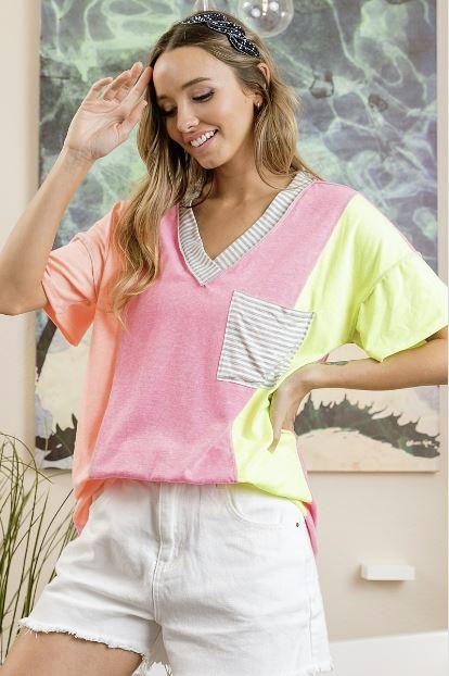 Ladies Bibi Tri-Blend V-Neck Color Block Top - Coral/Neon Pink/Neon Yellow