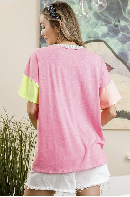 Ladies Bibi Tri-Blend V-Neck Color Block Top - Coral/Neon Pink/Neon Yellow