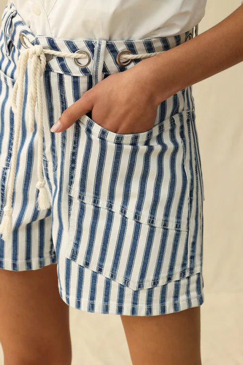 Ladies BAYEAS Tamsin High Rish Shorts - White and Blue