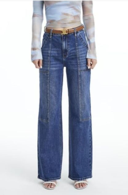 Ladies BAYEAS High Rise Wide Leg Jeans-Deep Sea