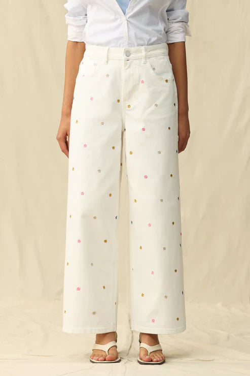 Ladies BAYEAS High Rise Wide Leg Pants with Flowers-White
