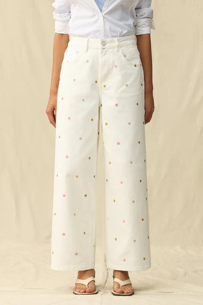 Ladies BAYEAS High Rise Wide Leg Pants with Flowers-White