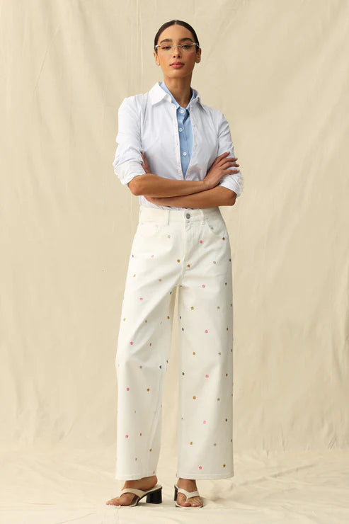 Ladies BAYEAS High Rise Wide Leg Pants with Flowers-White