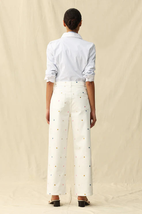 Ladies BAYEAS High Rise Wide Leg Pants with Flowers-White