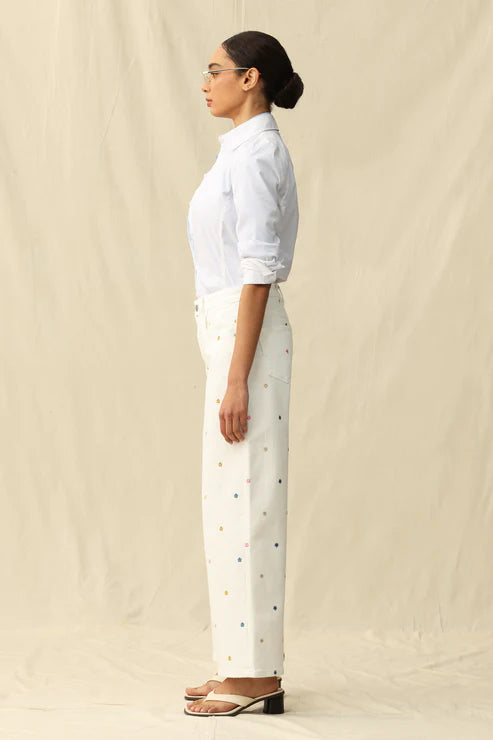 Ladies BAYEAS High Rise Wide Leg Pants with Flowers-White