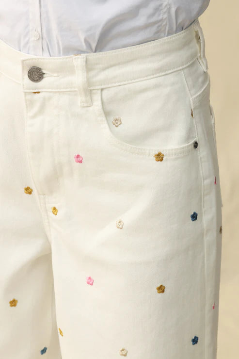 Ladies BAYEAS High Rise Wide Leg Pants with Flowers-White