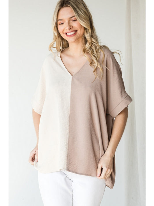 Ladies Solid Duo-Tone Colorblock Boxy Top with V-Neckline by JODIFL