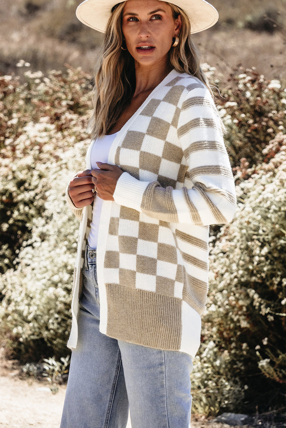 Ladies Smoke Gray Gingham Striped Knitted Open Front Cardigan