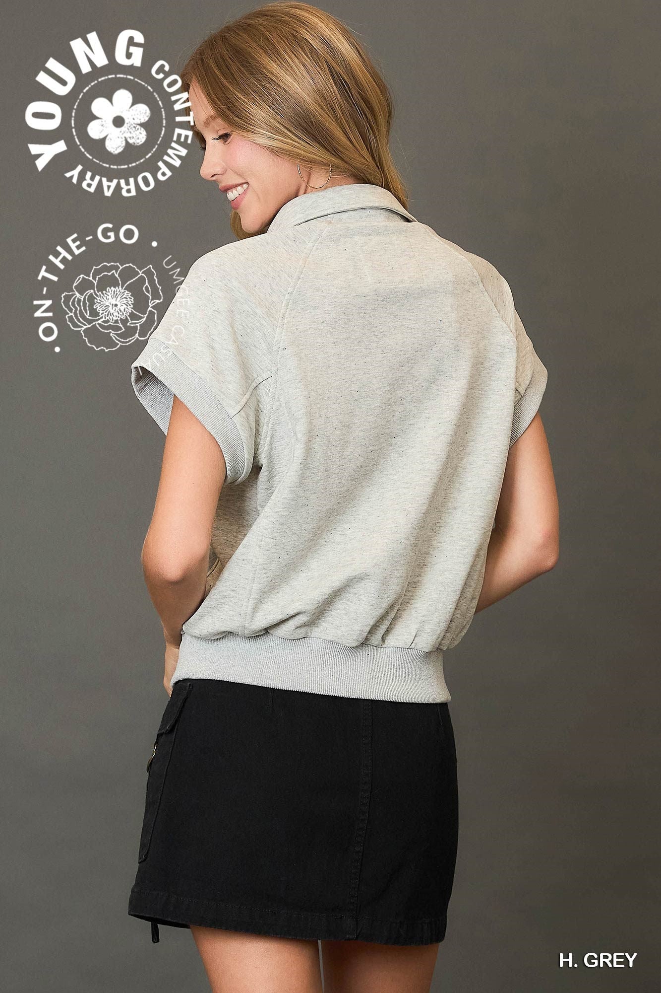 Ladies Snap Button Collared Knit Top by Umgee - Heather Grey