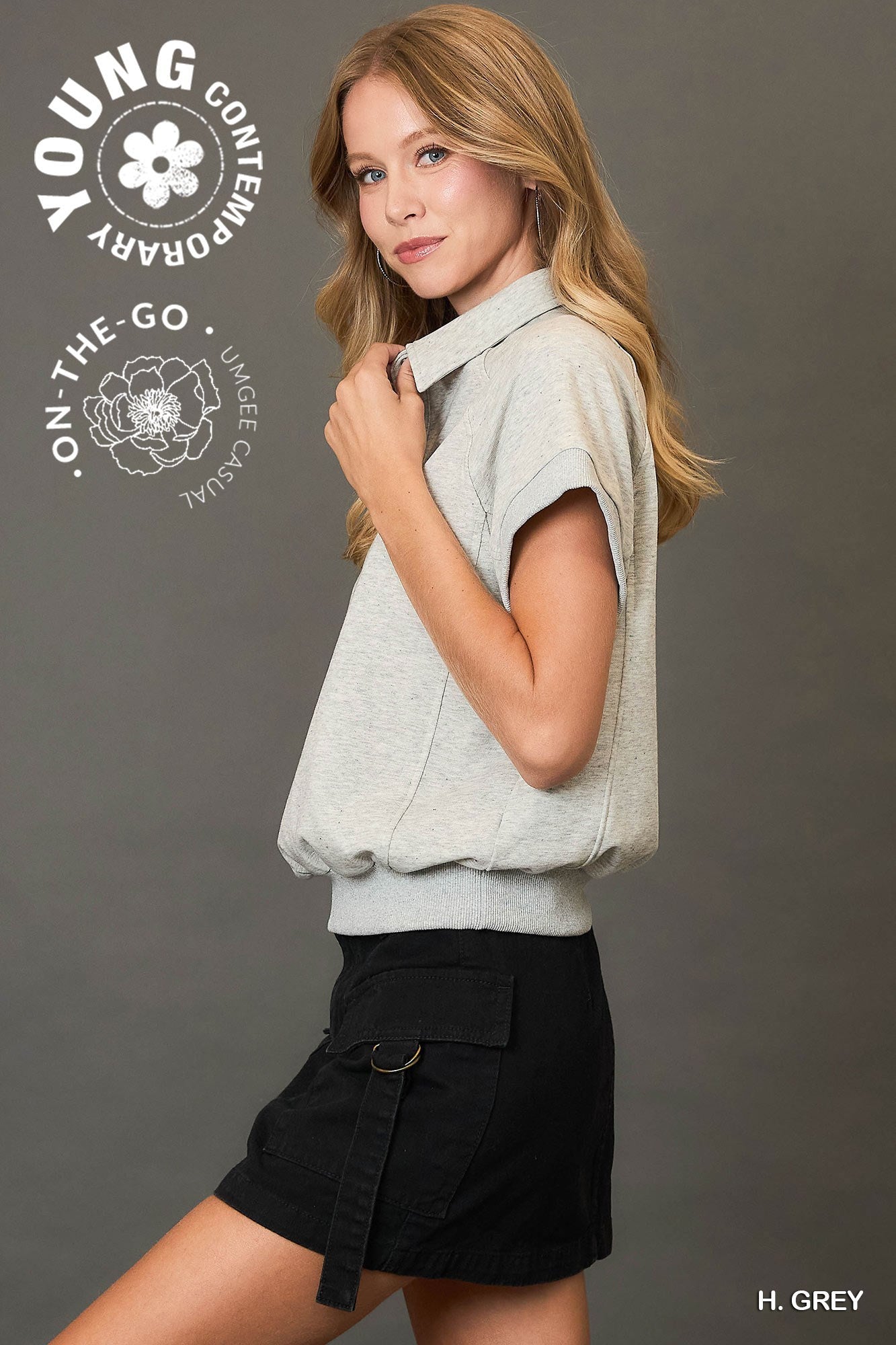 Ladies Snap Button Collared Knit Top by Umgee - Heather Grey