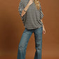 Ladies Striped Flowy Mock Neck Top with Batwings-Charcoal