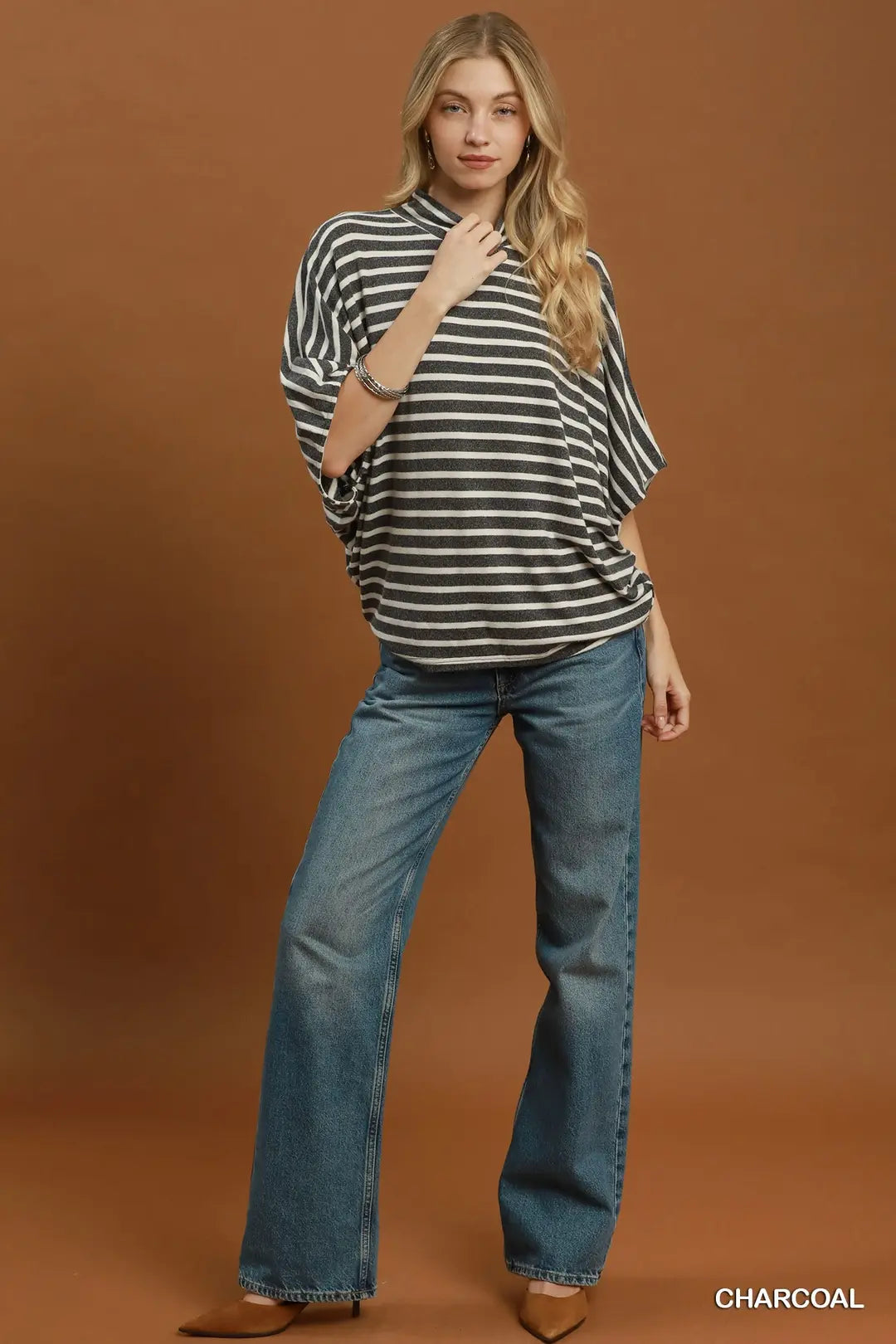 Ladies Striped Flowy Mock Neck Top with Batwings-Charcoal