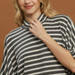 Ladies Striped Flowy Mock Neck Top with Batwings-Charcoal