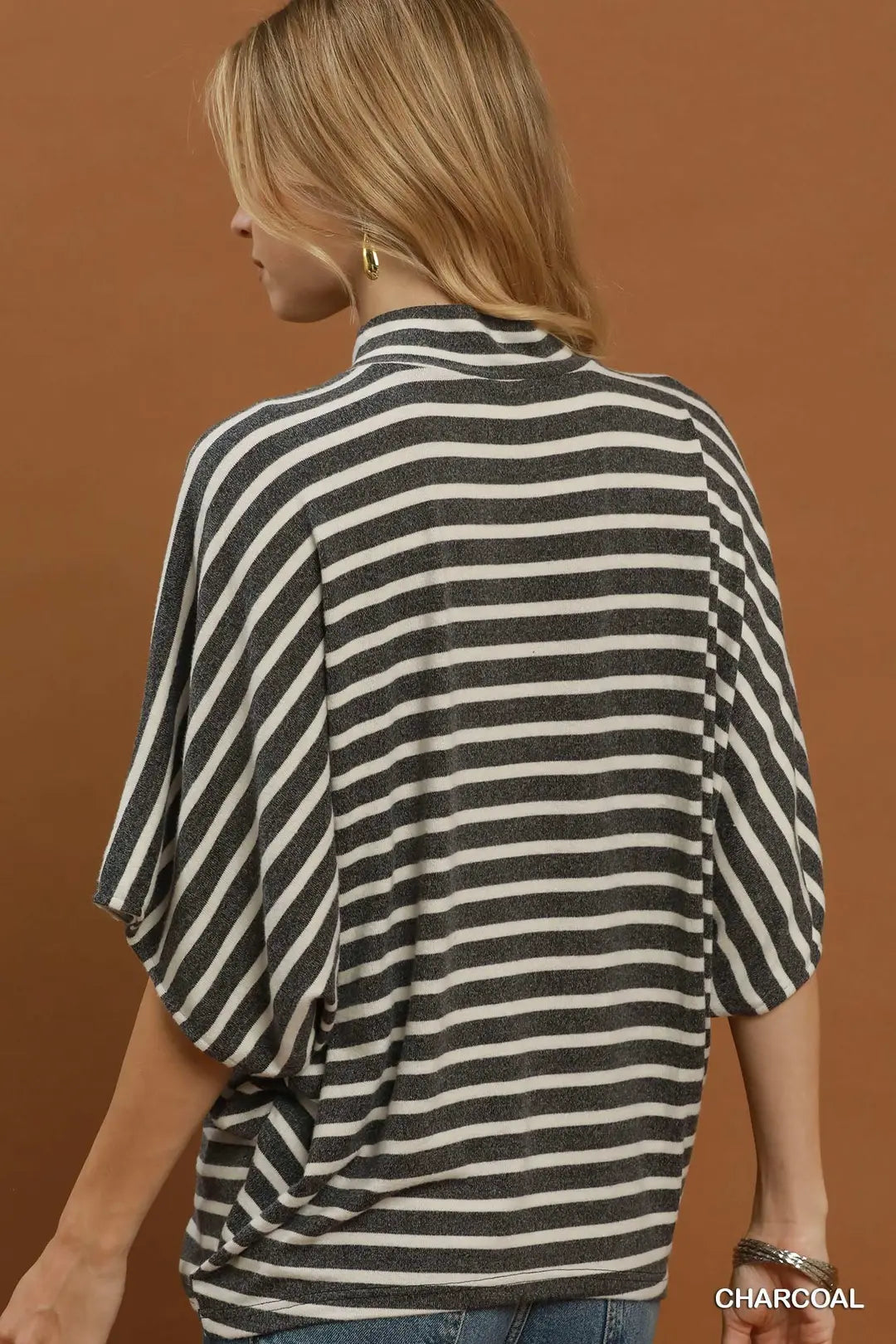 Ladies Striped Flowy Mock Neck Top with Batwings-Charcoal