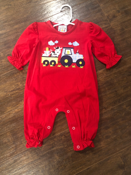 Girls Red Farm Scene Romper by Three Sisters