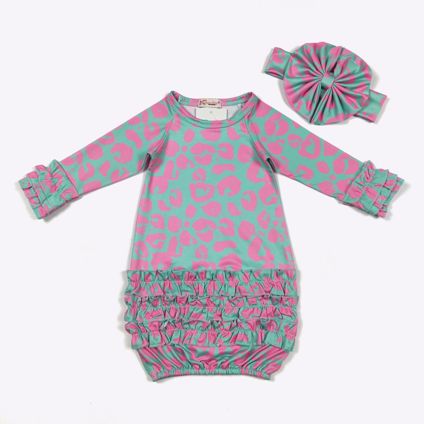 Baby Girls Clover Cottage Aqua Pink Leopard Baby Gown