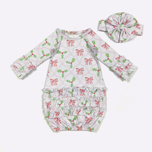 Baby Girls Clover Cottage Bows & Mistletoes Baby Gown