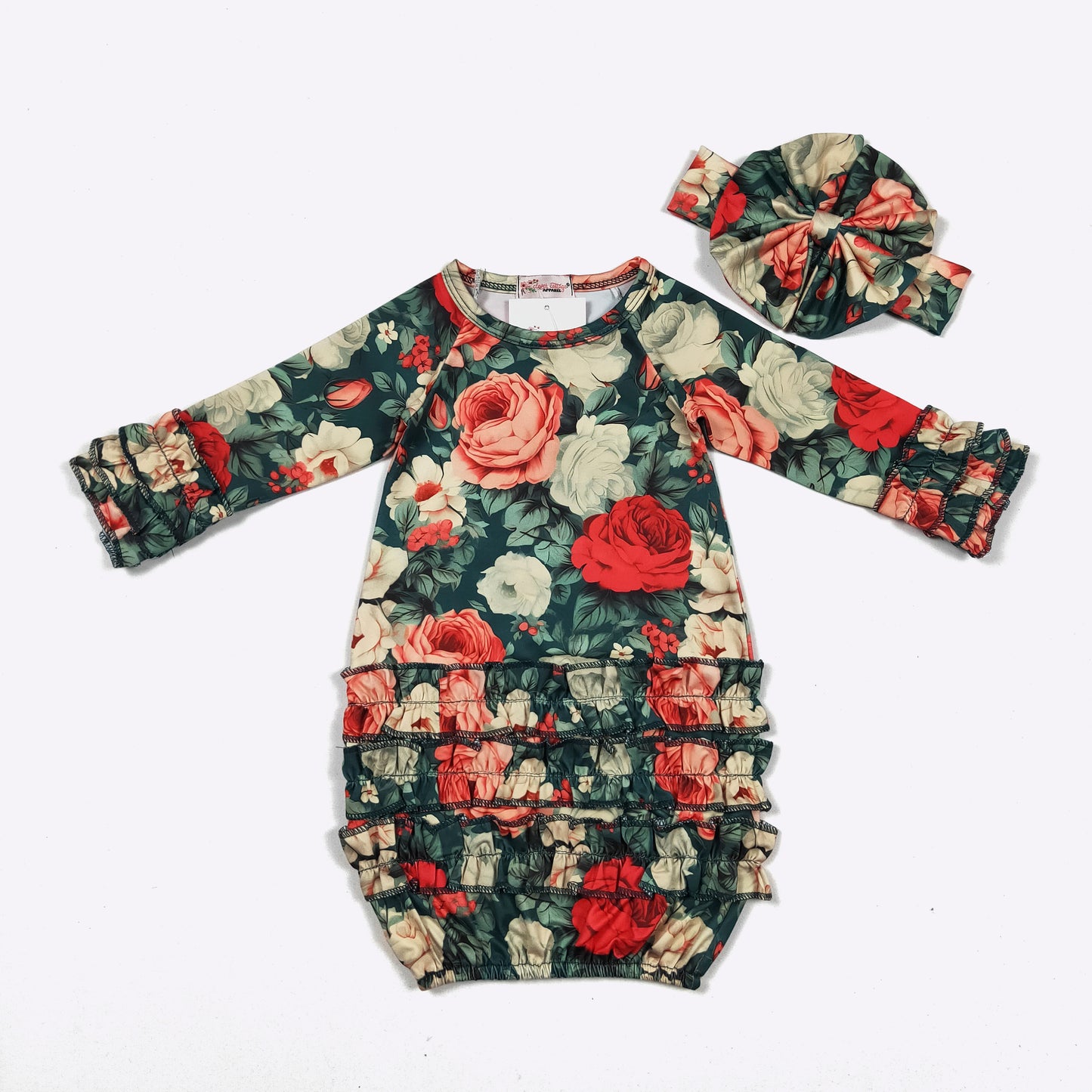 Baby Girls Clover Cottage Emerald Rose Baby Gown
